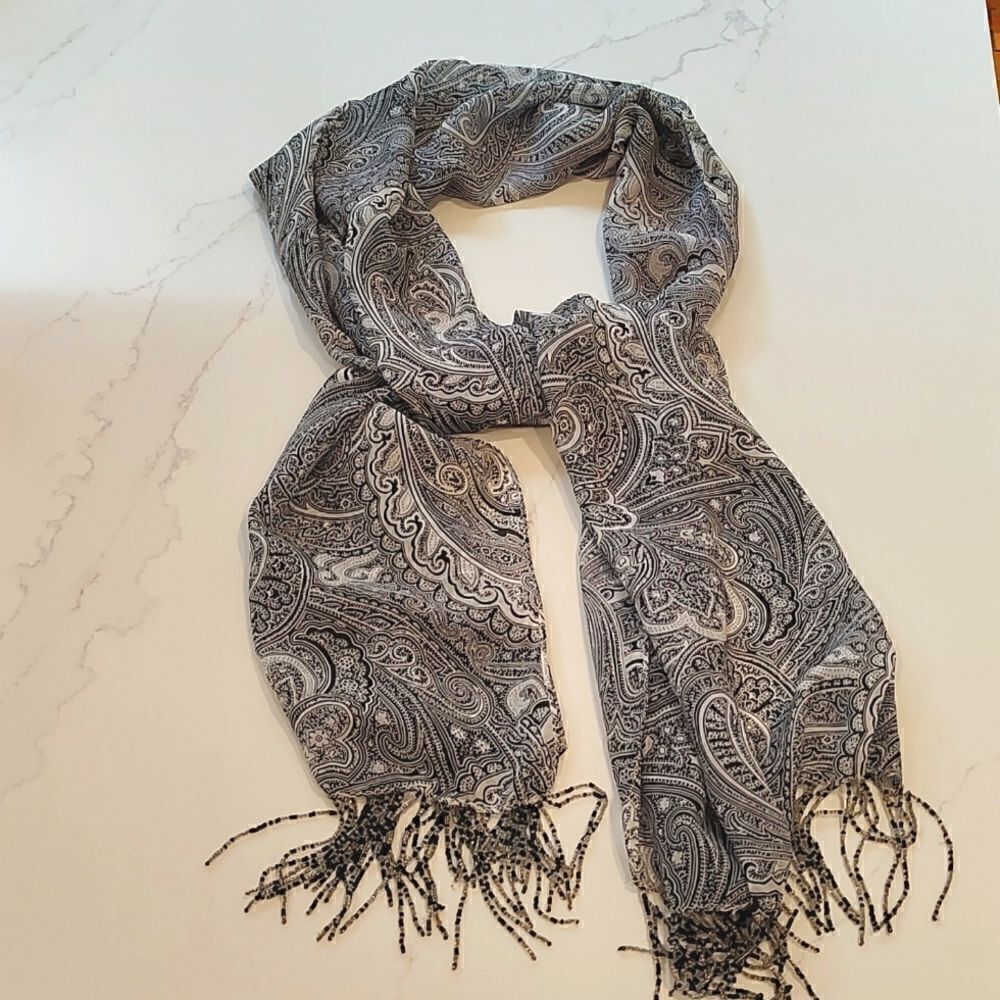 Bellissima Accessories Silk Black & White Paisley Scarf with Beaded Fringe